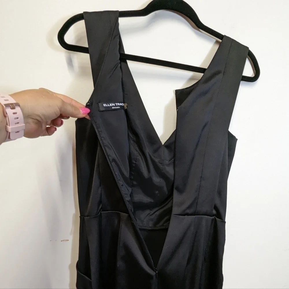 ELLEN Tracy Black Satin Sheath Wiggle Dress Mad Men MCM Style 6 Sleeveless